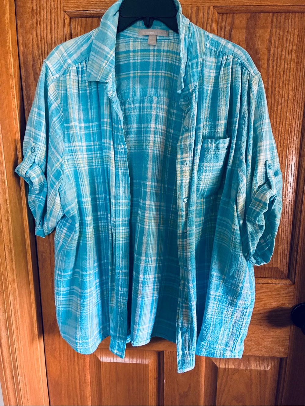 Woman Within Aqua Plaid Short-Sleeve Button-Front Shirt